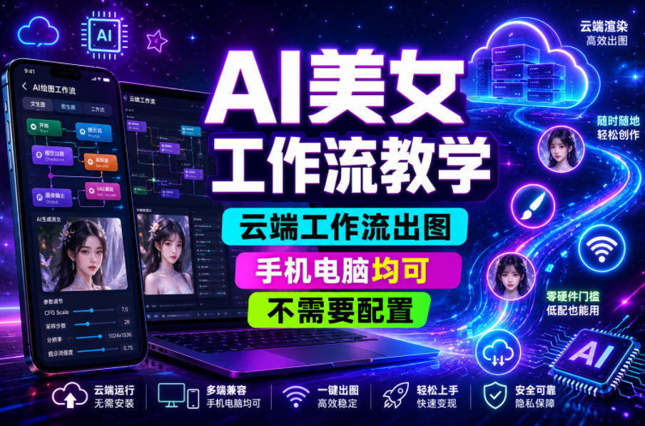 AI美女工作流教学，云端工作流出图，手机电脑均可，不需要配置，快速起号涨粉-朽念云创
