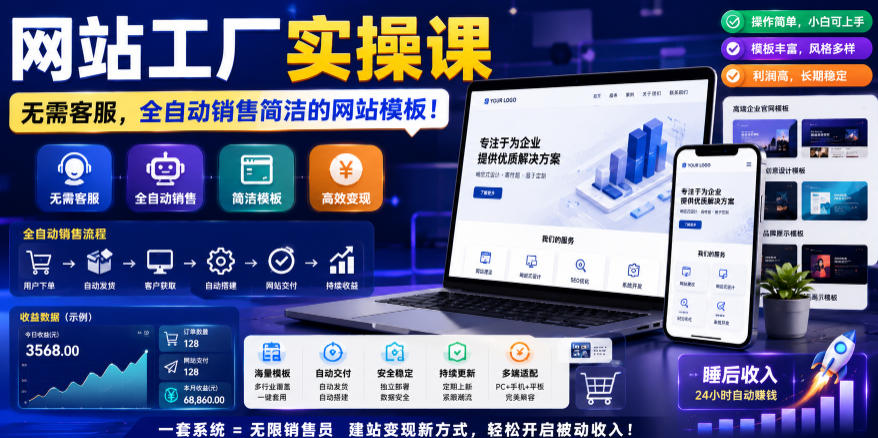 网站工厂实操课，无需客服，网站模板自动赚钱！【原创双语字幕】-朽念云创
