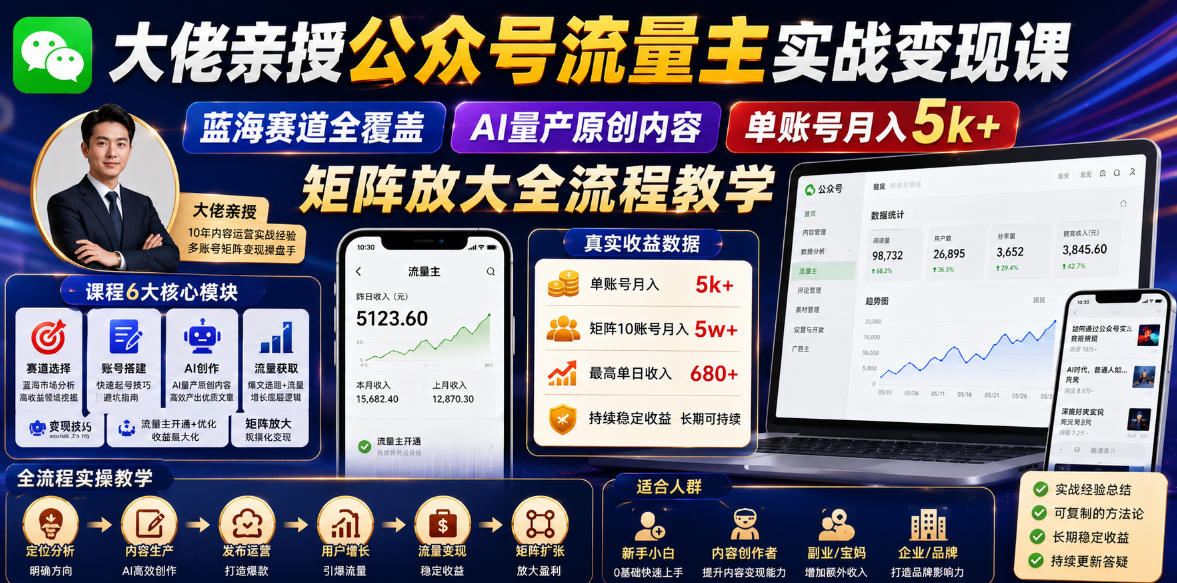 大佬亲授公众号流量主实战变现课，蓝海赛道全覆盖，AI量产原创内容，单账号月入5k+矩阵放大全流程教学-朽念云创