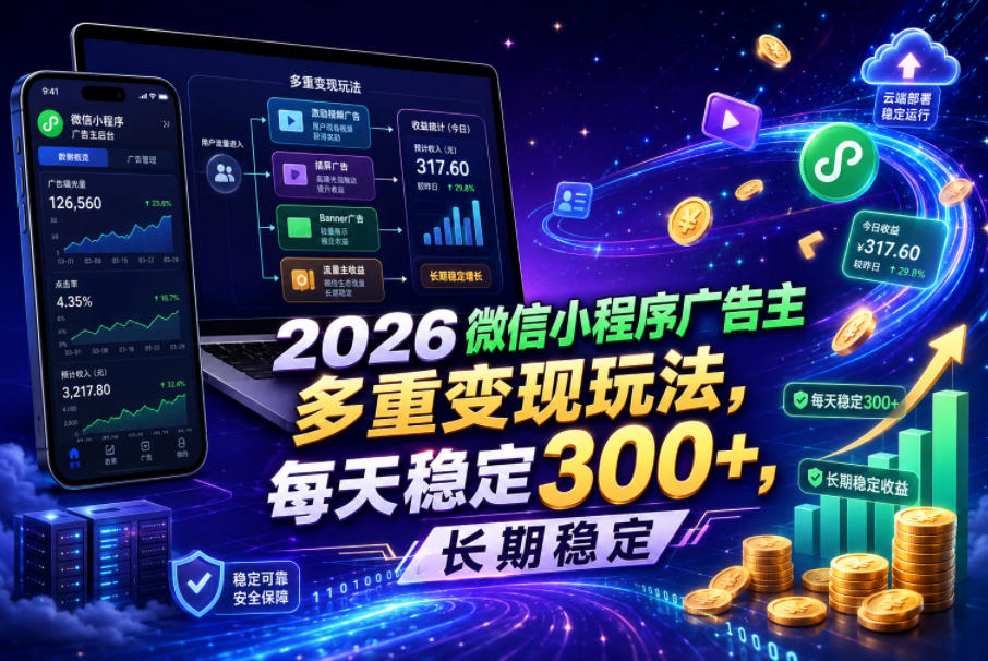 2026微信小程序广告主，多重变现玩法，每天稳定300+，长期稳定【揭秘】-朽念云创