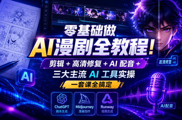 零基础做AI漫剧全教程！剪辑+高清修复+AI配音+三大主流AI工具实操，一套课全搞定-朽念云创