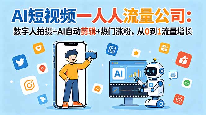 AI短视频一人流量公司：数字人拍摄+AI自动剪辑+热门涨粉，从0到1流量增长-朽念云创