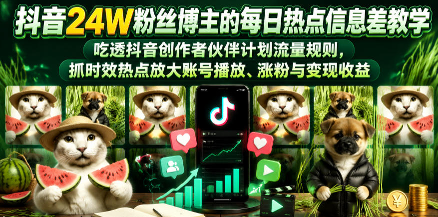 抖音24W粉丝博主的每日热点信息差教学，吃透创作者伙伴计划流量规则，抓时效热点放大账号播放、涨粉与变现收益(更新)-朽念云创