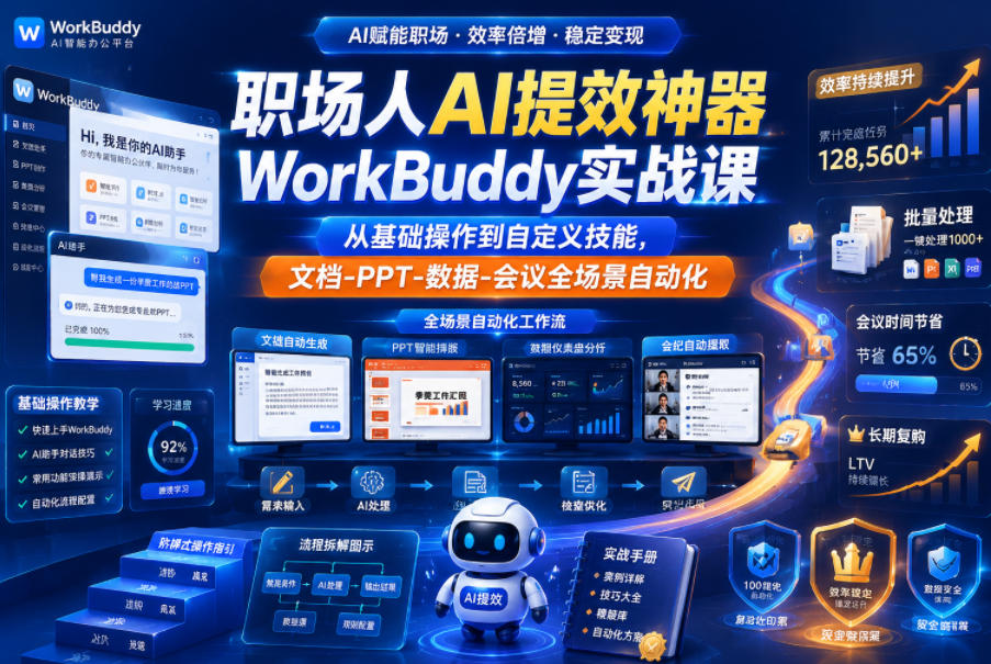 职场人AI提效神器WorkBuddy实战课，从基础操作到自定义技能，文档-PPT-数据-会议全场景自动化-朽念云创