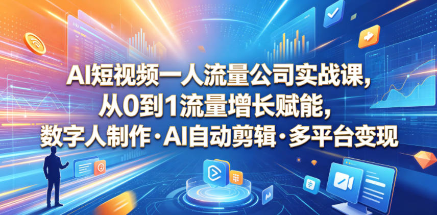 AI短视频一人流量公司实战课，从0到1流量增长赋能，数字人制作・AI自动剪辑・多平台变现，一人做流量生意全落地教程-朽念云创