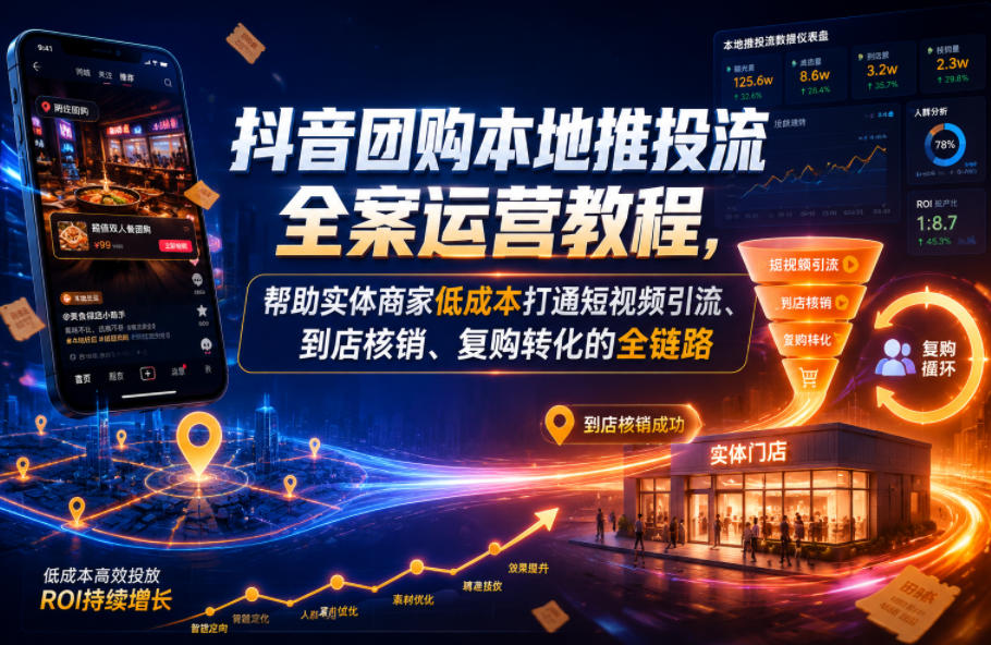 抖音团购本地推投流全案运营教程，帮助实体商家低成本打通短视频引流、到店核销、复购转化的全链路-朽念云创