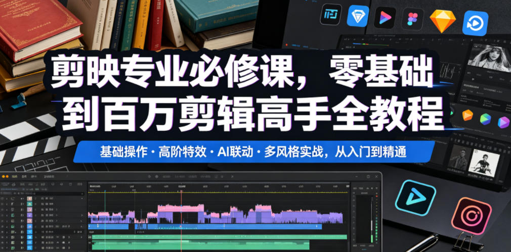 剪映专业必修课，零基础到百万剪辑高手全教程，基础操作・高阶特效・AI联动・多风格实战，从入门到精通-朽念云创