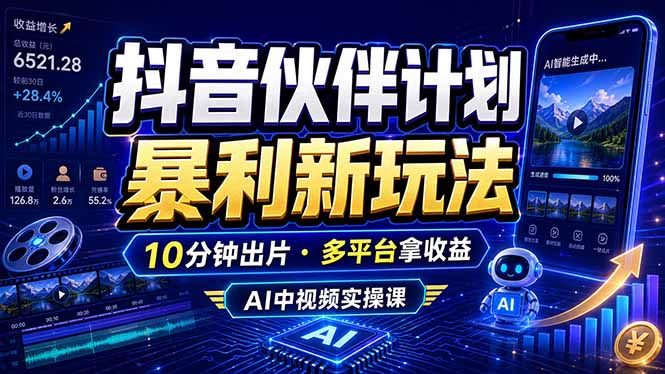 抖音伙伴计划最新玩法，无需配音剪辑，10分钟出一条原创视频，轻松日入三位数-朽念云创