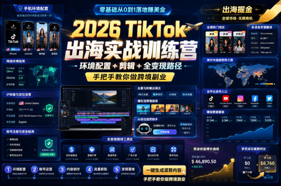 2026 TikTok出海实战训练营，环境配置 + 剪辑 + 全变现路径，手把手教你做跨境副业-朽念云创