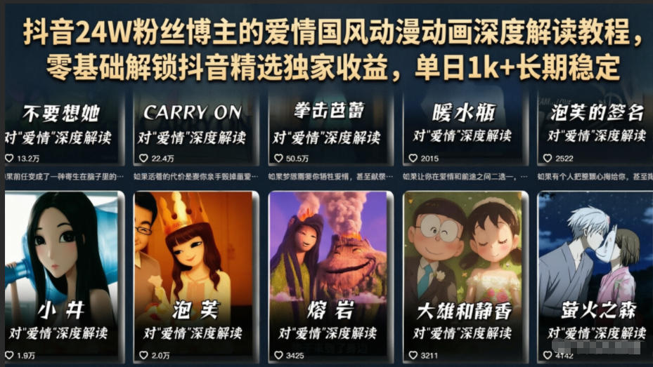 抖音24W粉丝博主的爱情国风动漫动画深度解读教程，零基础解锁抖音精选独家收益，单日1k+长期稳定-朽念云创