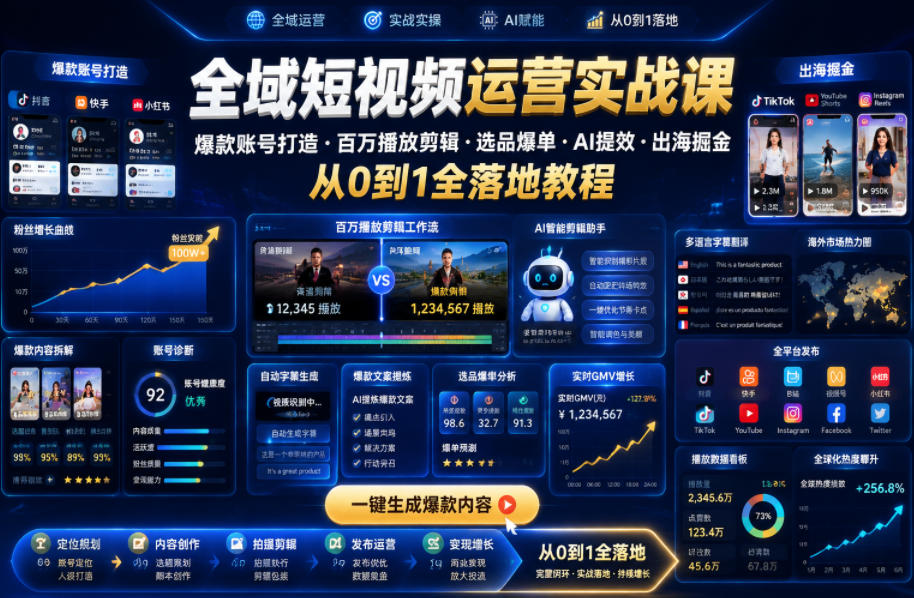 全域短视频运营实战课，爆款账号打造・百万播放剪辑・选品爆单・AI提效・出海掘金，从0到1全落地教程-朽念云创