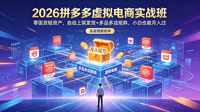 2026拼多多虚拟电商实战班：零囤货轻资产，自动上架发货+多品多店矩阵，小白也能月入过万-朽念云创