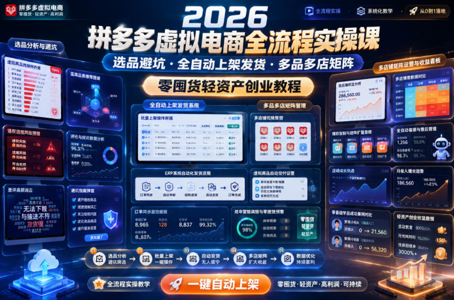2026拼多多虚拟电商全流程实操课，选品避坑・全自动上架发货・多品多店矩阵，零囤货轻资产创业教程-朽念云创