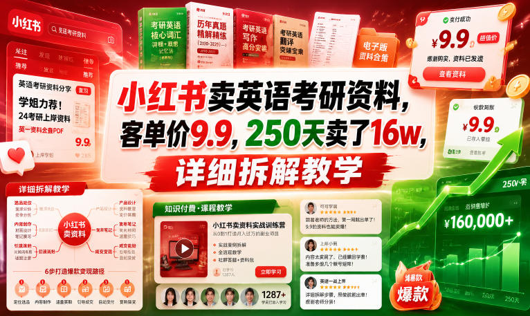 小红书卖英语考研资料,客单价9.9,250天卖了16w,详细拆解教学-朽念云创