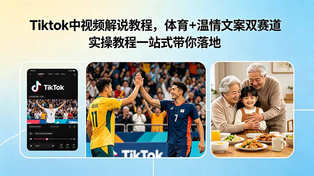 Tiktok中视频解说教程，体育+温情文案双赛道实操教程一站式带你落地-朽念云创