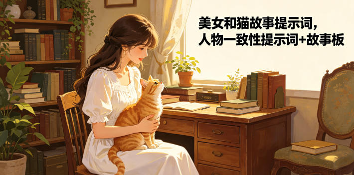 美女和猫故事提示词，人物一致性提示词+故事板-朽念云创