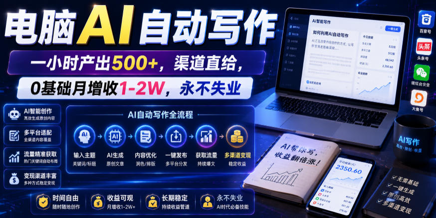 电脑AI自动写作，一小时产出500+，渠道直给，0基础月增收1-2W，永不失业【揭秘】-朽念云创