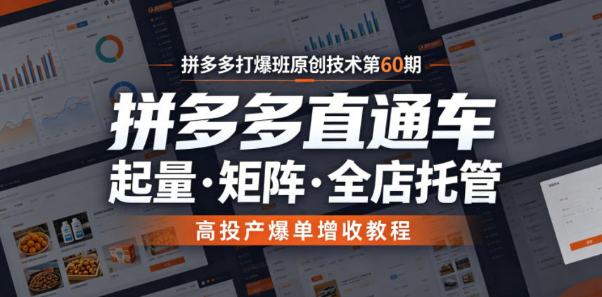 拼多多打爆班原创技术第60期，拼多多直通车，起量・矩阵・全店托管，高投产爆单增收教程-朽念云创