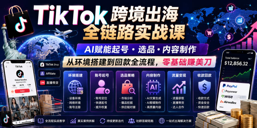 TikTok跨境出海全链路实战课，AI赋能起号・选品・内容制作，从环境搭建到回款全流程，零基础賺美刀-朽念云创