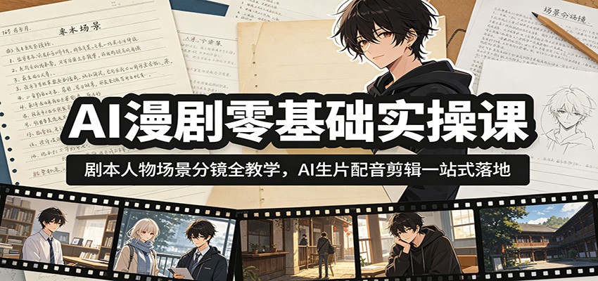 AI漫剧零基础实操课：剧本人物场景分镜全教学，AI生片配音剪辑一站式落地-朽念云创