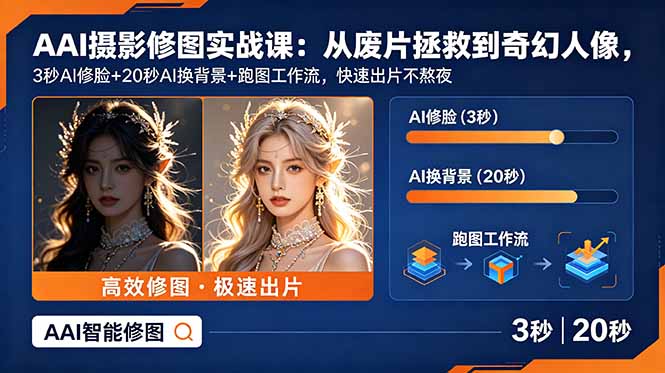 AI摄影修图实战课:从废片拯救 到 奇幻人像,3秒AI修脸+20秒AI换背景+跑图工作流,快速出片不熬夜-朽念云创