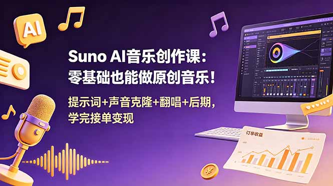 Suno AI音乐创作课:零基础也能做原创音乐!提示词+声音克隆+翻唱+后期,学完接单变现-朽念云创