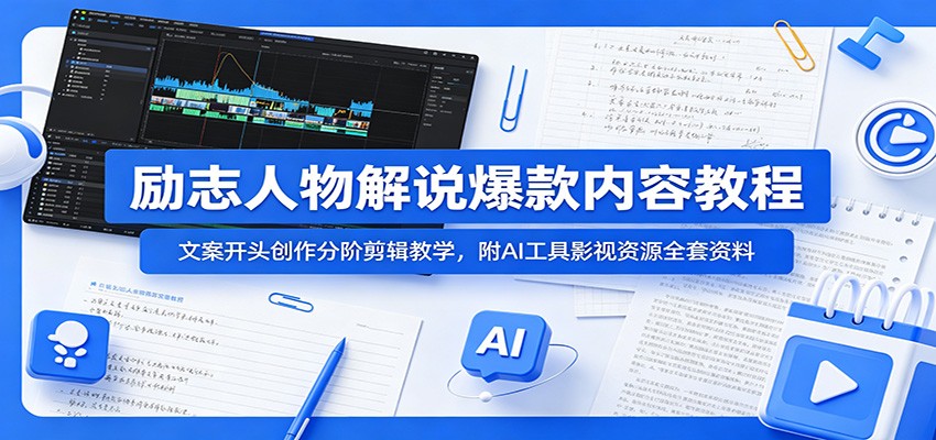 励志人物解说爆款内容教程：文案开头创作分阶剪辑教学，附AI 工具影视资源全套资料-朽念云创