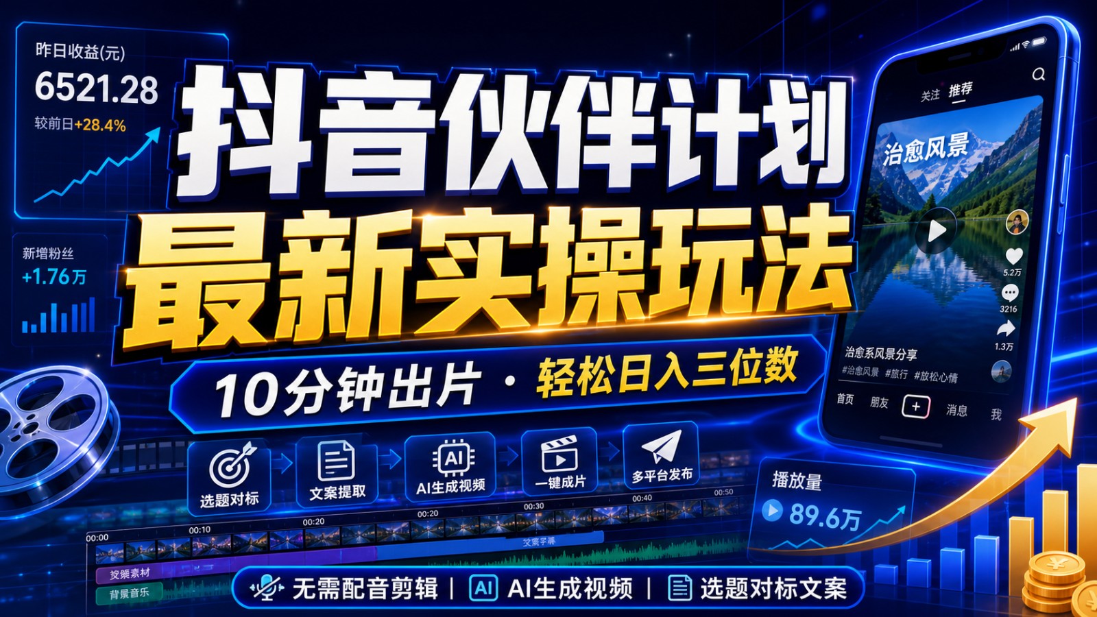 抖音伙伴计划最新暴利玩法,不用找素材和剪辑,10分钟出一条原创视频,轻松日入三位数-朽念云创