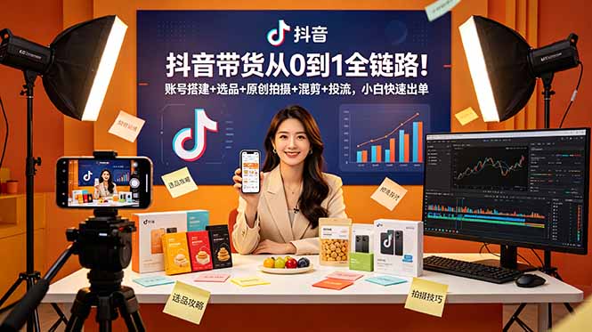 抖音带货从0到1全链路！账号搭建+选品+原创拍摄+混剪+投流，小白快速出单-朽念云创