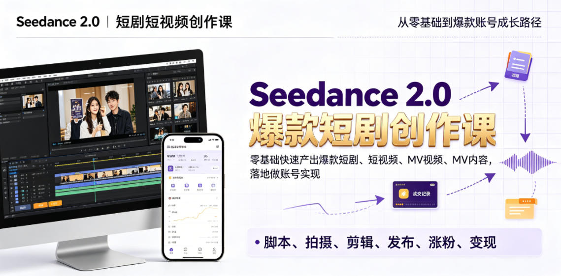 Seedance 2.0短剧短视频创作课,零基础快速产出爆款短剧、短视频、MV内容,落地做账号实现变现-朽念云创
