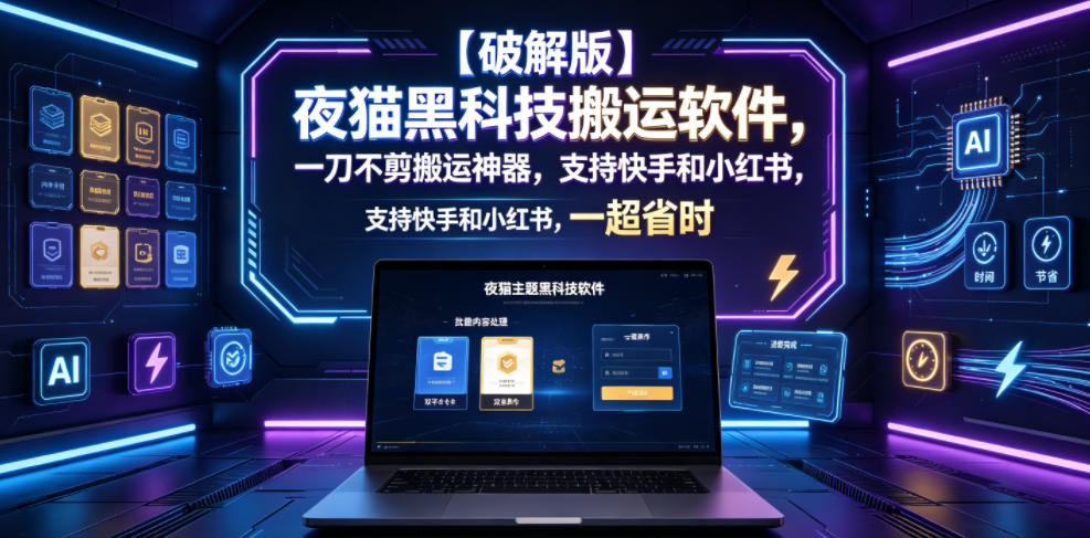 【破解版】夜猫黑科技搬运软件，一刀不剪搬运神器，支持快手和小红书，一键搬运超省时！-朽念云创