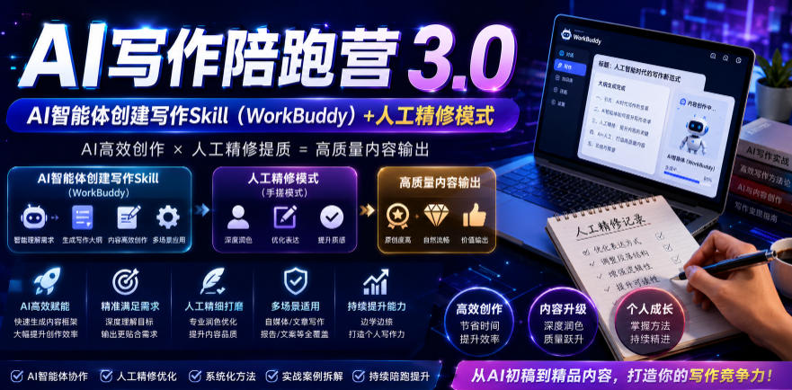 AI写作陪跑营3.0，Ai智能体创建写作skill(workbuddy)+人工手写模式(手搓模式)，去除AI痕迹(头条号、公众号、百家号)-朽念云创