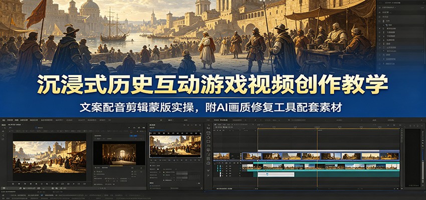 沉浸式历史互动游戏视频创作教学：文案配音剪辑蒙版实操，附AI画质修复工具配套素材-朽念云创