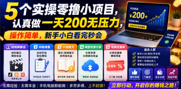 5个实操零撸小项目，认真做一天200无压力，操作简单，新手小白看完秒会【揭秘】-朽念云创