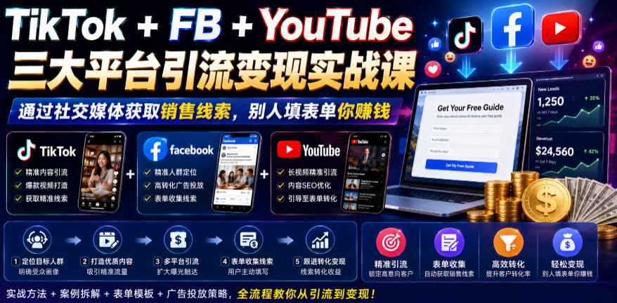 TikTok+FB+YouTube三大平台引流变现实战课，通过社交媒体获取销售线索，别人填表单你賺钱【原创双语字幕】-朽念云创