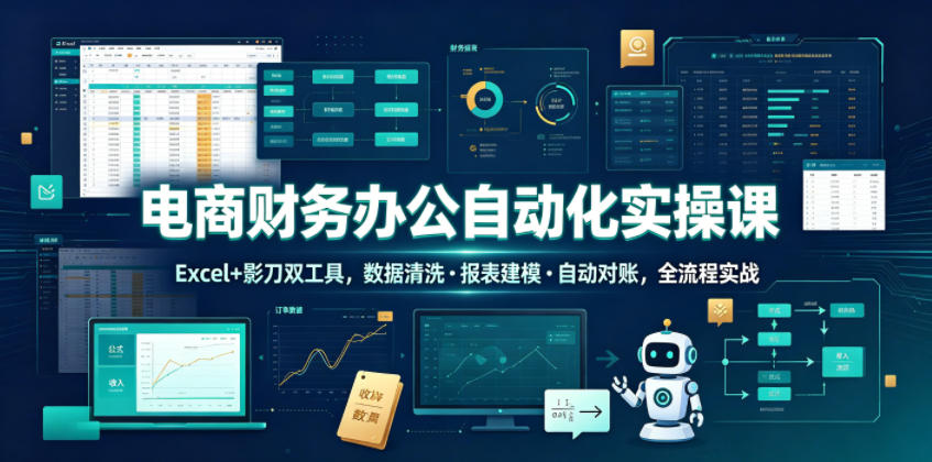电商财务办公自动化实操课，Excel+影刀双工具，数据清洗・报表建模・自动对账，全流程实战-朽念云创