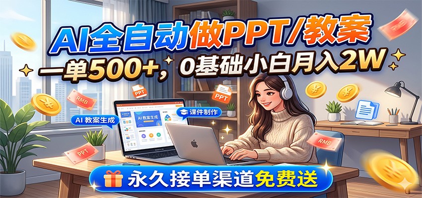 AI全自动做PPT/教案，一单500+，0基础小白月入2W，永久接单渠道免费送-朽念云创