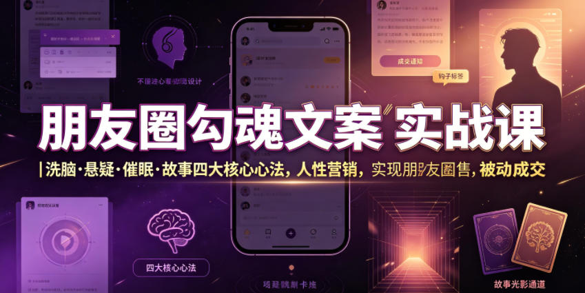 朋友圈勾魂文案实战课｜洗脑·悬疑·催眠·故事四大核心心法，吃透人性营销，实现朋友圈不销而售被动成交-朽念云创