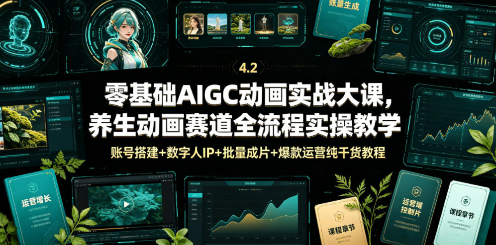 零基础AIGC动画实战大课，养生动画赛道全流程实操教学，账号搭建+数字人IP+批量成片+爆款运营纯干货教程-朽念云创