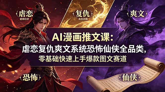AI漫画推文课：虐恋复仇爽文系统恐怖仙侠全品类，零基础快速上手爆款图文赛道-朽念云创