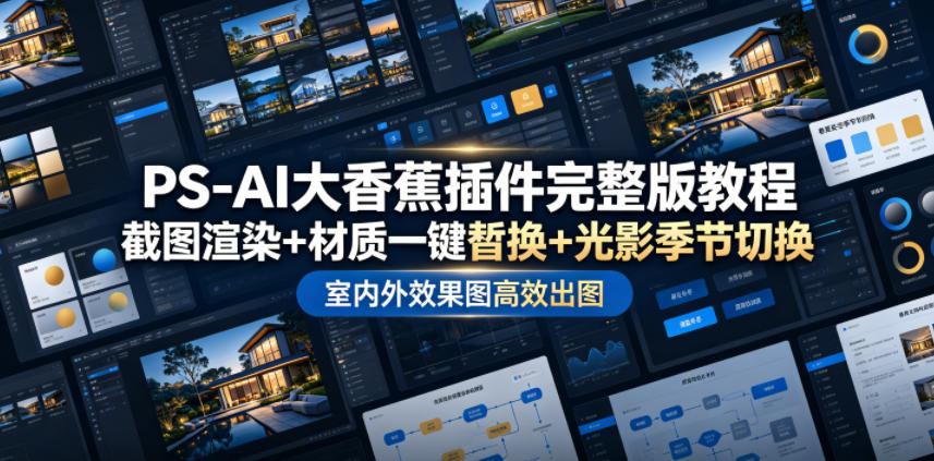 PS-AI大香蕉插件完整版教程，截图渲染+材质一键替换+光影季节切换，室内外效果图高效出图高阶课程-朽念云创