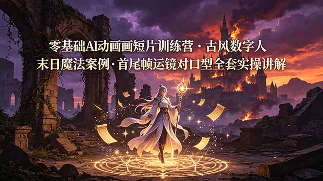 零基础AI动画短片训练营，古风数字人末日魔法案例，首尾帧运镜对口型全套实操讲解-朽念云创