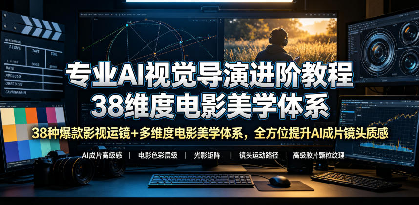 专业AI视觉导演进阶教程，38种爆款影视运镜+多维度电影美学体系，全方位提升AI成片高级感与镜头质感-朽念云创