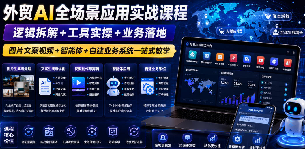 外贸AI全场景应用实战课程｜逻辑拆解+工具实操+业务落地，图片文案视频+智能体+自建业务系统一站式教学-朽念云创