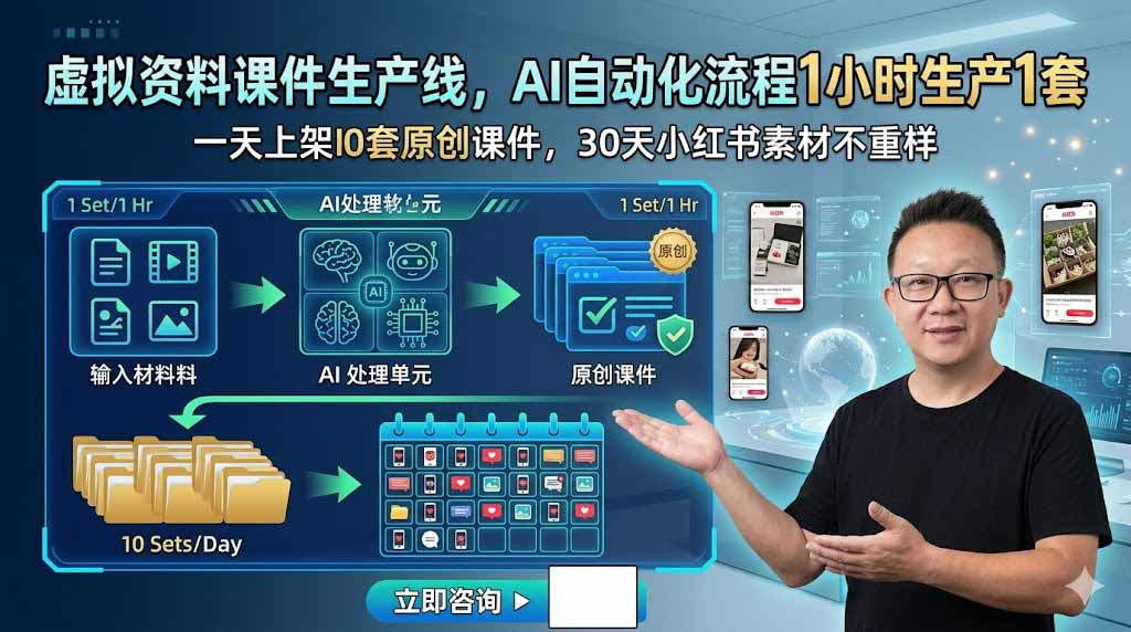 虚拟资料课件生产线，AI自动化流程1小时生产1套，一天上架10套原创课件，30天小红书素材不重样-朽念云创