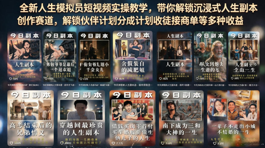 全新人生模拟员短视频实操教学，带你解锁沉浸式人生副本创作赛道，解锁伙伴计划分成计划收徒接商单等多种收益-朽念云创