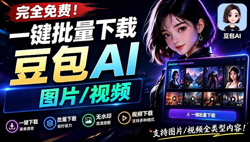 Github最新发布！一键批量下载豆包AI无水印图片/视频，简单易用，自动解析提示词-朽念云创