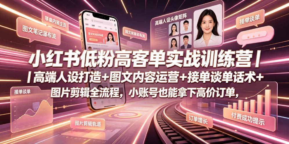 小红书低粉高客单实战训练营｜高端人设打造+图文内容运营+接单谈单话术+图片剪辑全流程，小账号也能拿下高价订单-朽念云创