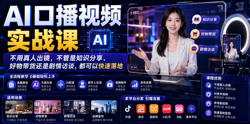 AI口播视频实战课，不用真人出镜，不管是知识分享、好物带货还是剧情访谈，都可以快速落地-朽念云创
