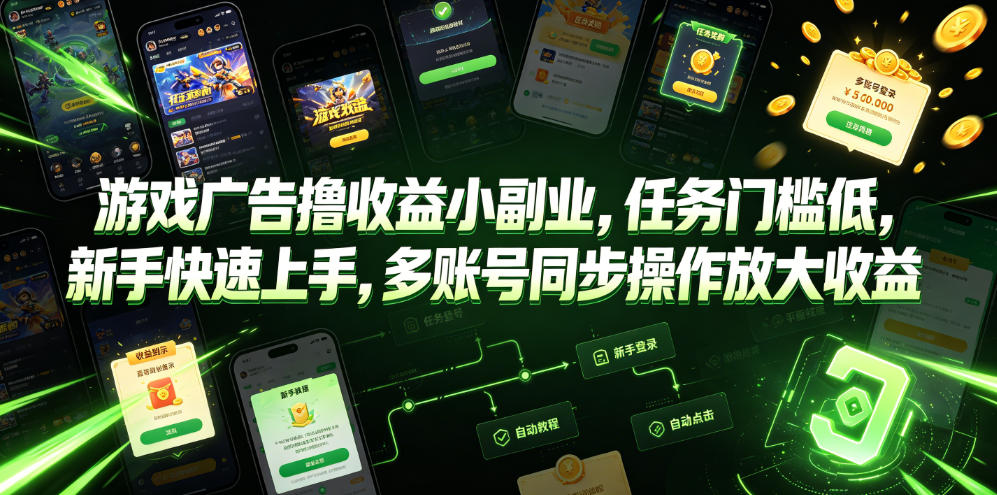 游戏广告撸收益小副业，任务门槛低，新手快速上手，多账号同步操作放大收益-朽念云创